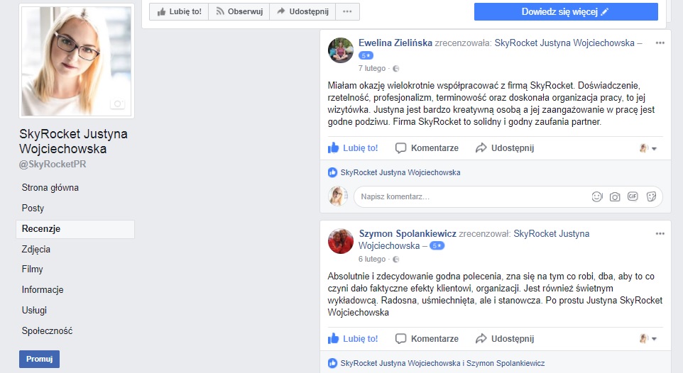 recenzje na facebooku SkyRocket Justyna Wojciechowska